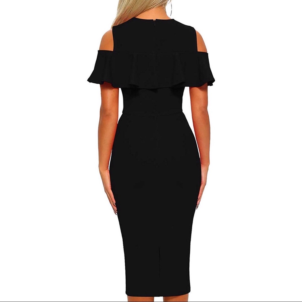 Shoulder Ruffle Bodycon Evening Midi Dress - Picture 3 of 4
